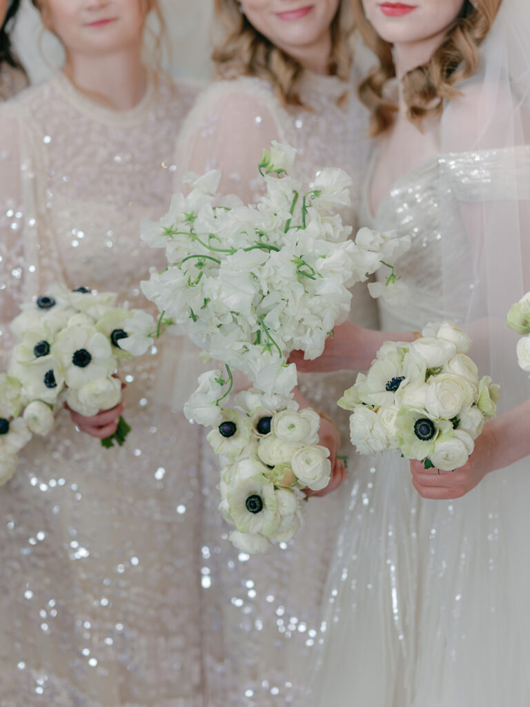 white floral bridal bouquets at winter wedding at brush creek ranch