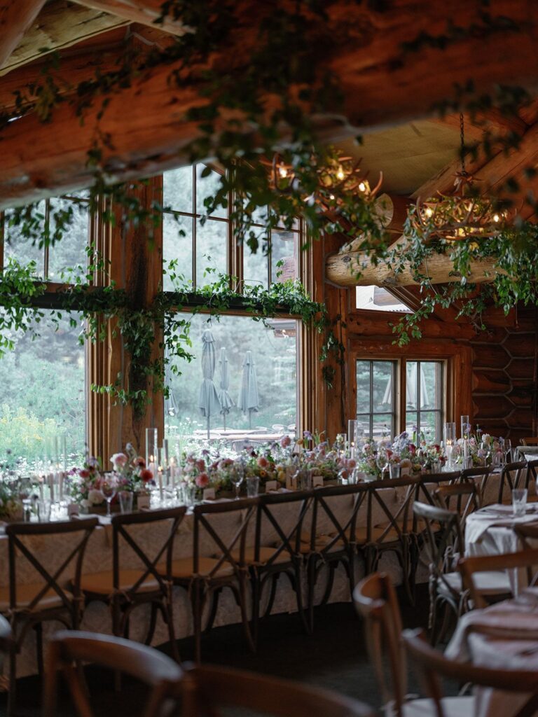 Wedding reception indoors at Pine Creek Cookhouse with big windows